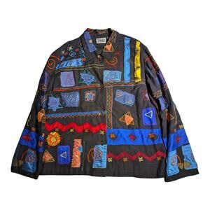 Vtg 1990s Chico's Black Blue Geometric Embroidered Button Up Collared Jacket 2 M